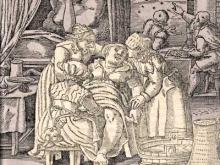 woman giving birth in 16th century, assisted by midwife and female companions